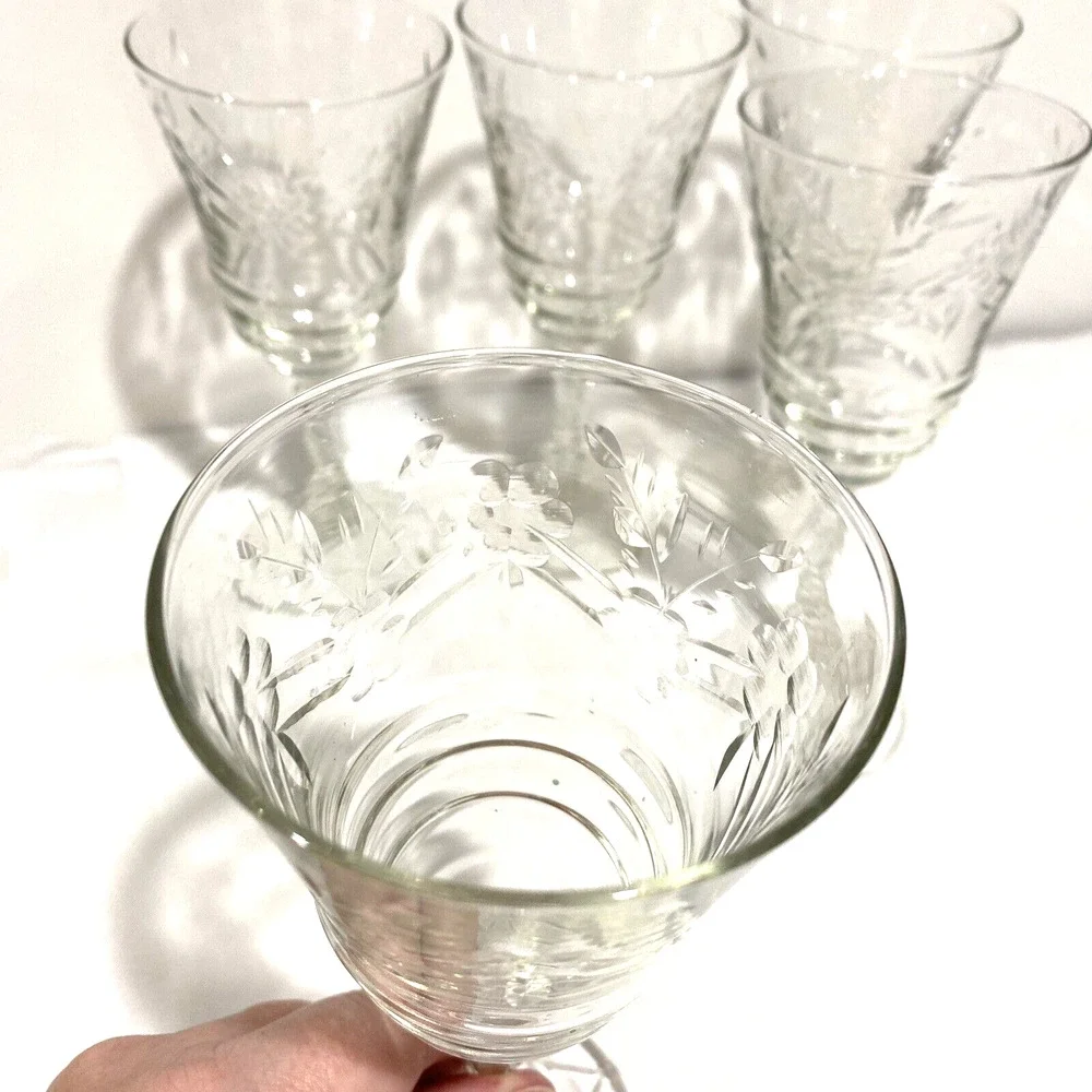 Libbey Rock Sharpe ARCTIC ROSE Goblets Water Glasses Set of 5 Clear etch crystal